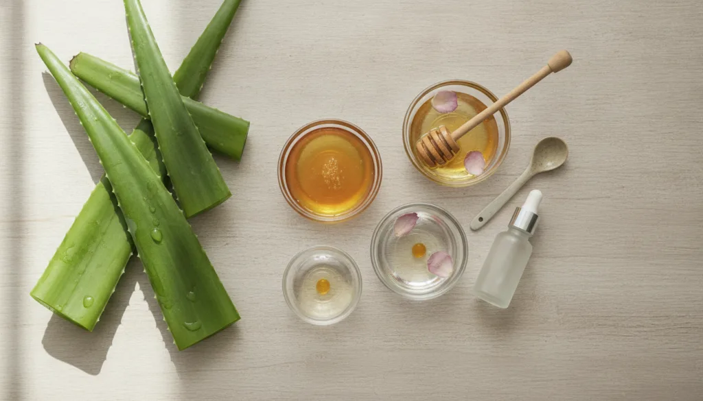 A collection of fresh aloe vera leaves and small bowls of ingredients like honey rose water and essential oils arranged