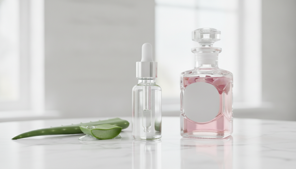 A small glass dropper bottle filled with a clear light serum next to a fresh aloe vera leaf and a bottle of rose water a
