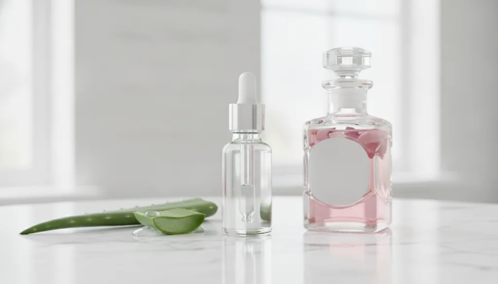 A small glass dropper bottle filled with a clear light serum next to a fresh aloe vera leaf and a bottle of rose water a