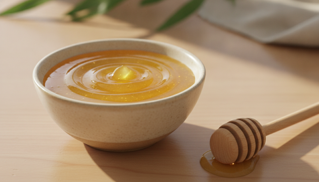 A small bowl containing a golden-hued mask made from aloe vera and honey with a drizzle of honey and a spoon against a b