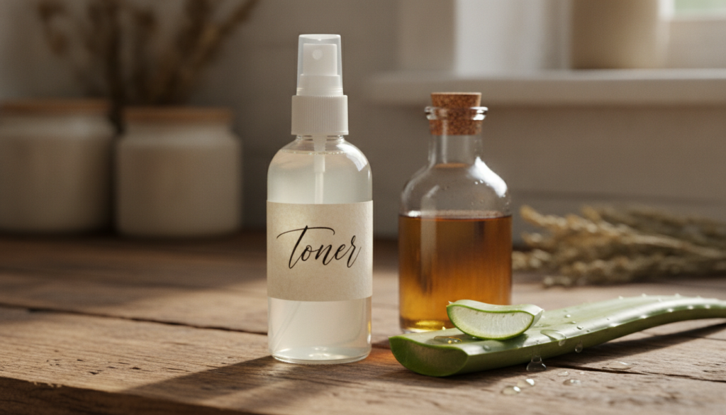 A clear spray bottle containing a homemade toner with a label Pore-Perfecting Toner next to a sliced aloe vera leaf and 