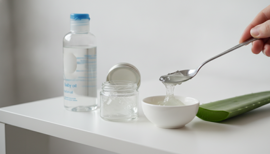A close-up shot of the three ingredients a small jar of Vaseline a bottle of baby oil and a fresh aloe vera leaf next to