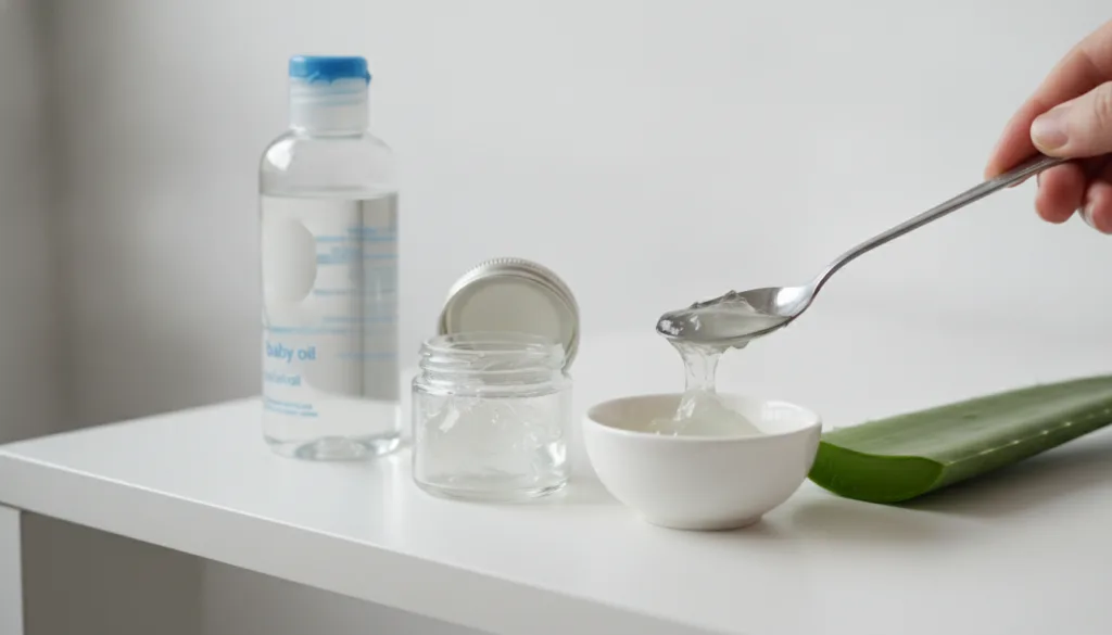 A close-up shot of the three ingredients a small jar of Vaseline a bottle of baby oil and a fresh aloe vera leaf next to