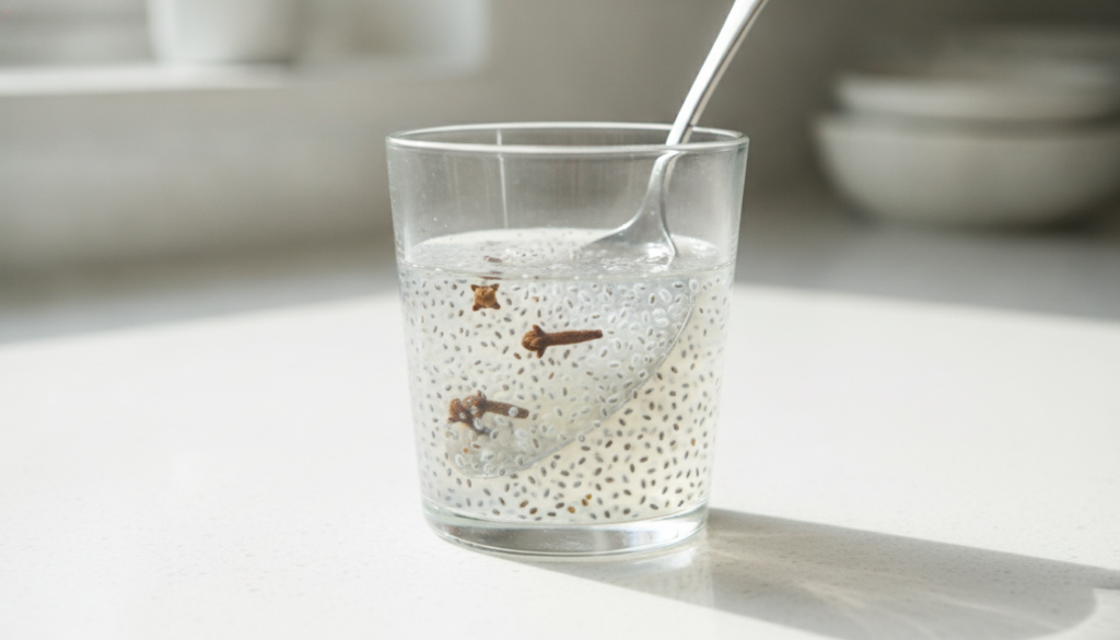 A close-up of a glass containing water lime juice swollen chia seeds and whole cloves with a spoon stirring the mixture
