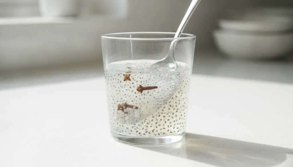A close-up of a glass containing water lime juice swollen chia seeds and whole cloves with a spoon stirring the mixture 