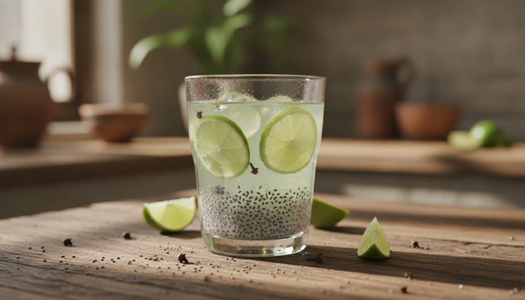 A refreshing glass of a natural skin elixir with lime slices chia seeds settled at the bottom and a few cloves set on a