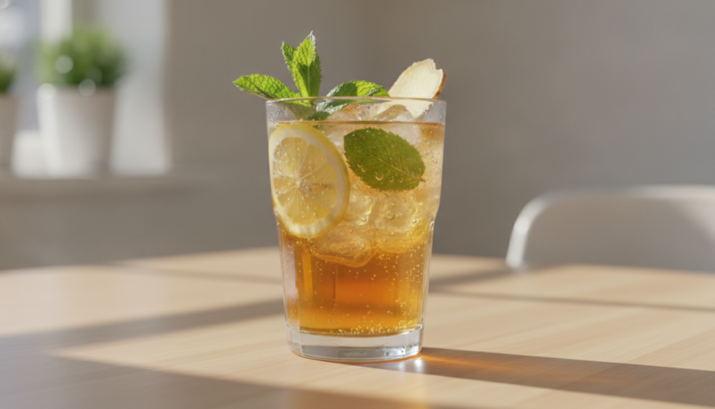 A vibrant refreshing drink in a glass with natural ingredients like sliced lemon ginger and mint on a light wooden backg