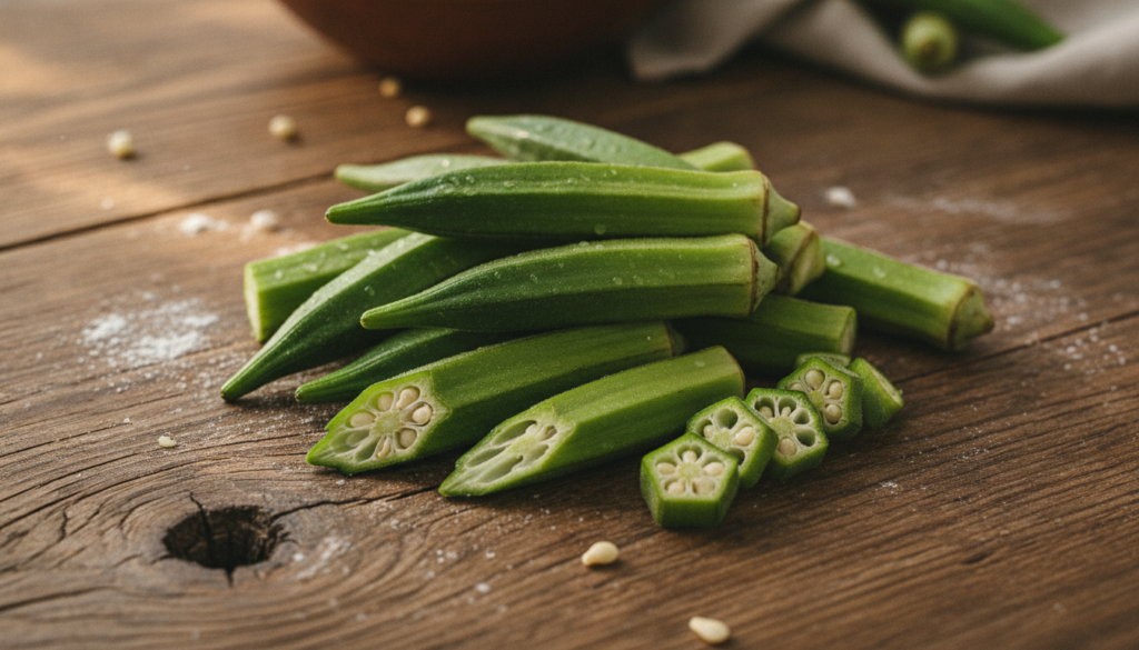 A vibrant and fresh image of raw okra pods some sliced open to show the seeds on a natural rustic background highlightin