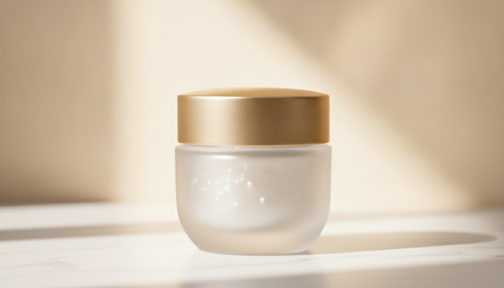 A close-up shot of a sleek elegant jar or tube of Collagen Skin Gel with a glowing soft focus background indicating natu