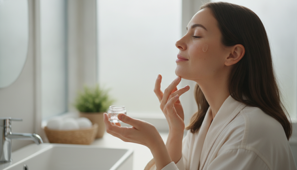 A woman gently applying a small amount of gel to her face with a serene and happy expression in a well-lit bathroom or b