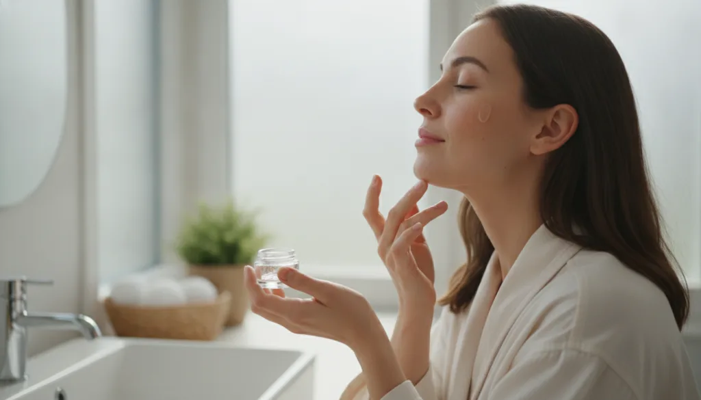 A woman gently applying a small amount of gel to her face with a serene and happy expression in a well-lit bathroom or b