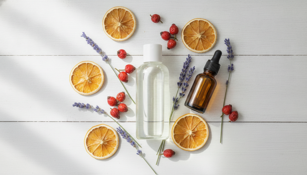 A beautiful flat lay of baby oil bottles surrounded by various natural ingredients like lemon slices rosehips jojoba oil