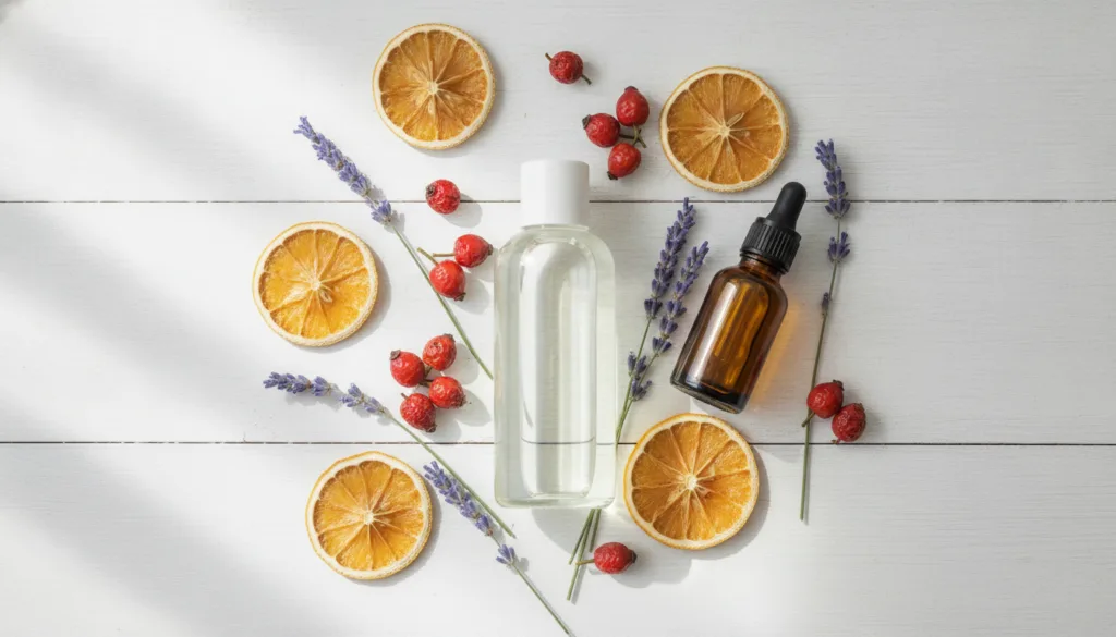 A beautiful flat lay of baby oil bottles surrounded by various natural ingredients like lemon slices rosehips jojoba oil