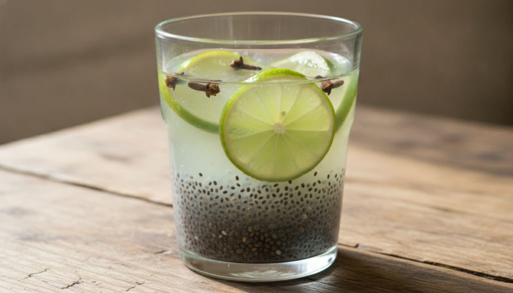 A glass of a refreshing drink with sliced lime chia seeds settled at the bottom and a few whole cloves placed on a rusti