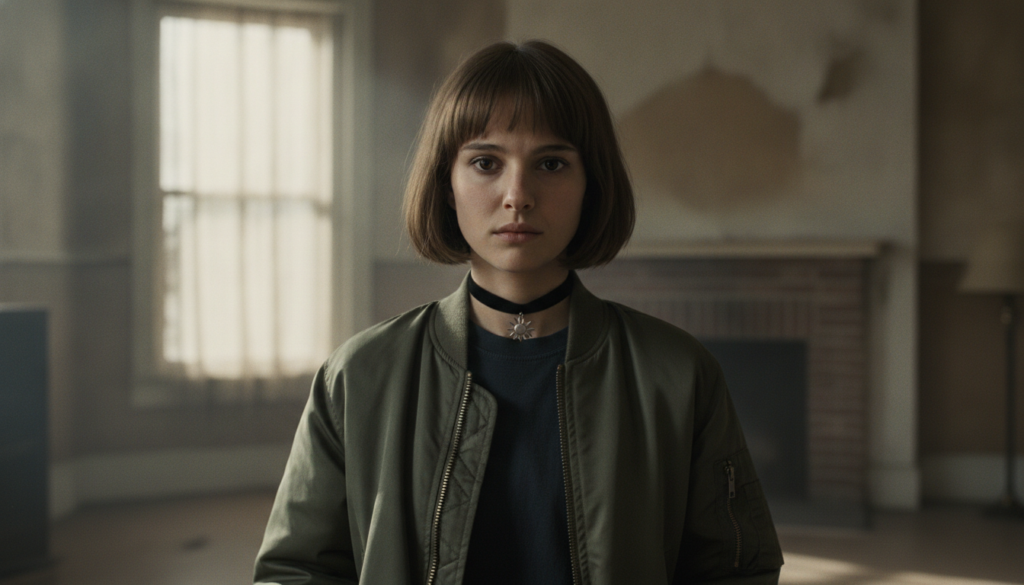 Natalie Portman as Mathilda in the film Léon The Professional a young girl with a bob haircut choker and green bomber ja