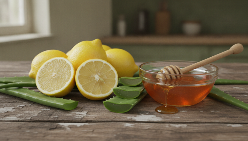A close-up of fresh lemons aloe vera leaves and possibly a small bowl of honey arranged aesthetically on a rustic wooden