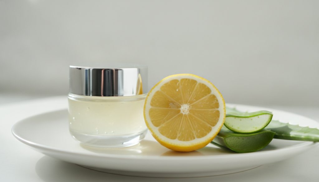 A small glass jar or container filled with a translucent light yellow gel with a slice of lemon and an aloe vera leaf ar
