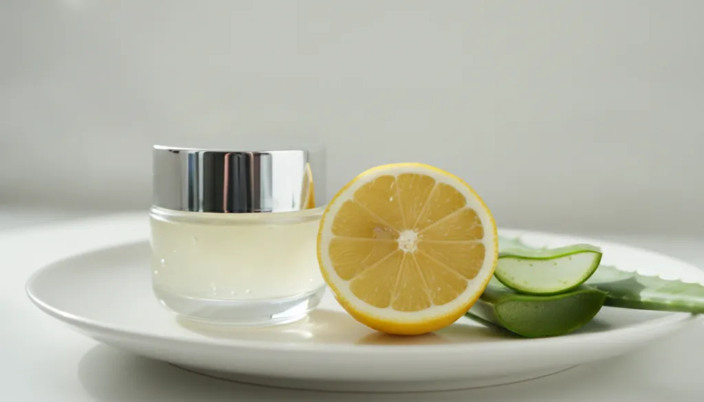 A small glass jar or container filled with a translucent light yellow gel with a slice of lemon and an aloe vera leaf ar
