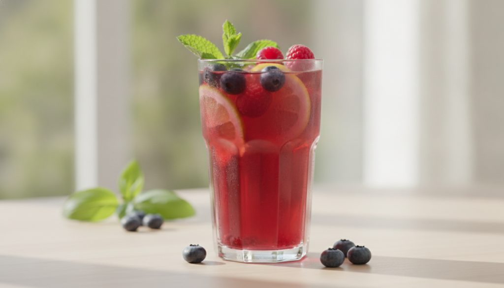 A vibrant refreshing beauty drink in a glass with berries lemon slices and perhaps a hint of green on a light background