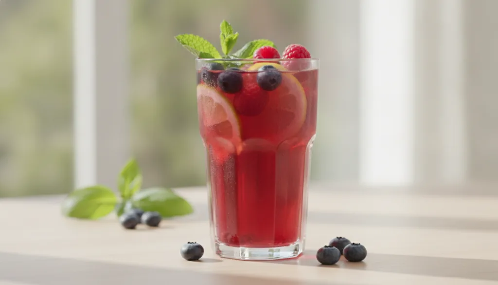 A vibrant refreshing beauty drink in a glass with berries lemon slices and perhaps a hint of green on a light background
