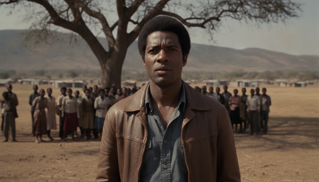 A real film still from Cry Freedom featuring Denzel Washington in character as Steve Biko in a poignant or defiant momen