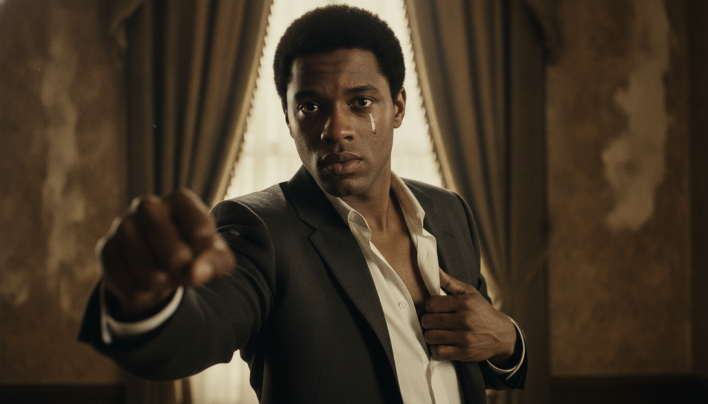 A striking portrait of a young Denzel Washington in a dramatic pose possibly from an early film role with intense lighti