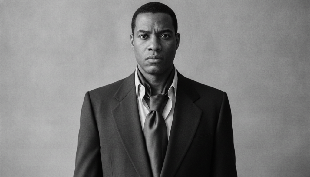 A real publicity photo of Denzel Washington from the 1990s or early 2000s showcasing his commanding presence and versati