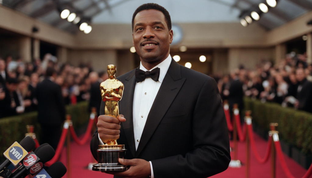 A real photo of Denzel Washington holding an Academy Award possibly from his Glory or Training Day win looking proud and