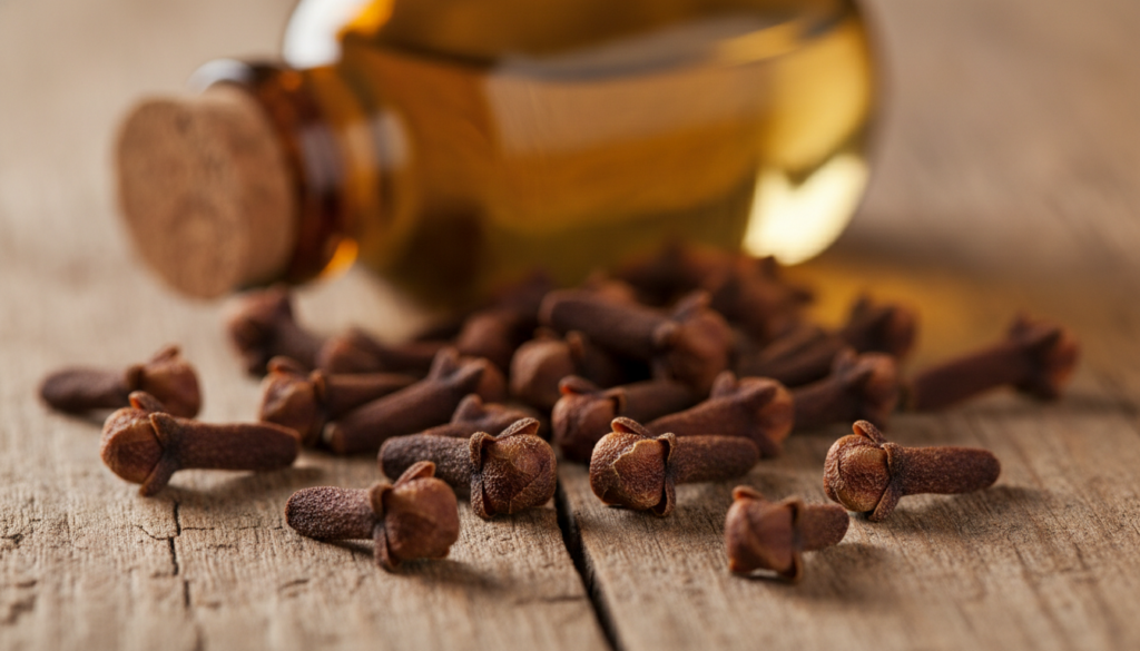 A close-up of whole dried cloves on a wooden surface with a small glass bottle of essential oil in the background sugges