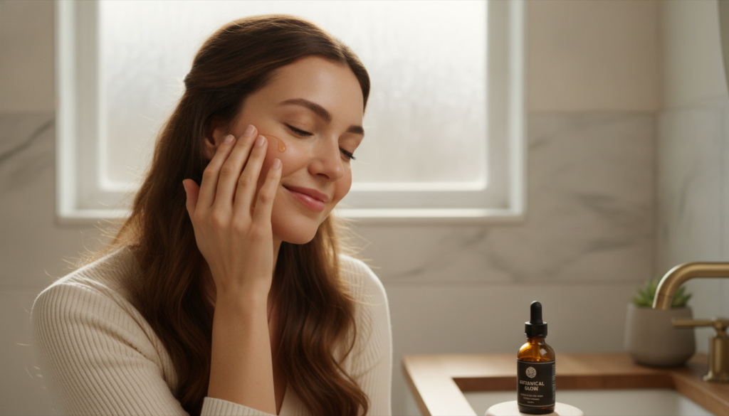 A woman with glowing clear skin gently applying a natural oil serum to her cheek with her fingertips in a soft bright ba