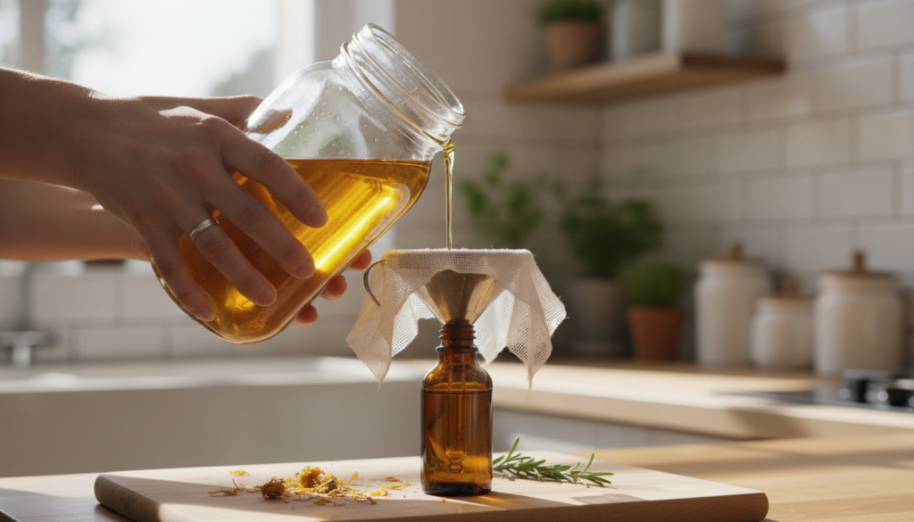 A person s hands gently pouring a homemade oil from a glass jar through a cheesecloth into a smaller amber dropper bottl