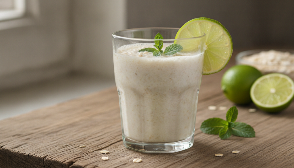 A refreshing glass of the Botox Drink made with oats and lime garnished with a lime slice and mint on a rustic wooden ta