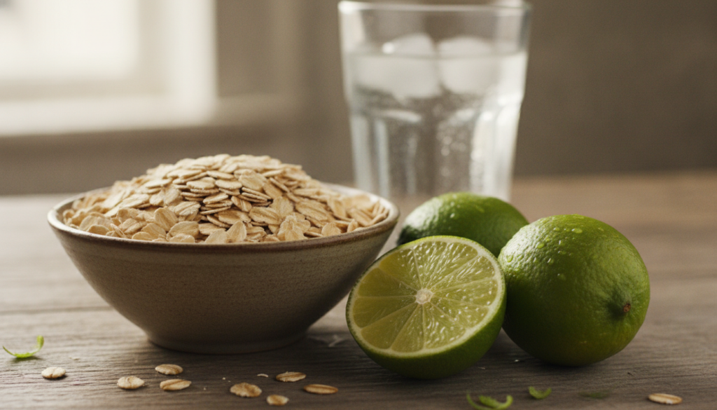 Close-up of ingredients for the Botox Drink - a bowl of rolled oats next to fresh green limes with a small glass of wate