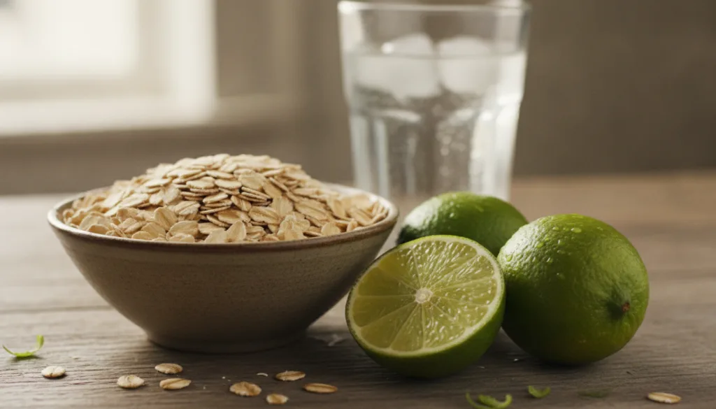 Close-up of ingredients for the Botox Drink - a bowl of rolled oats next to fresh green limes with a small glass of wate