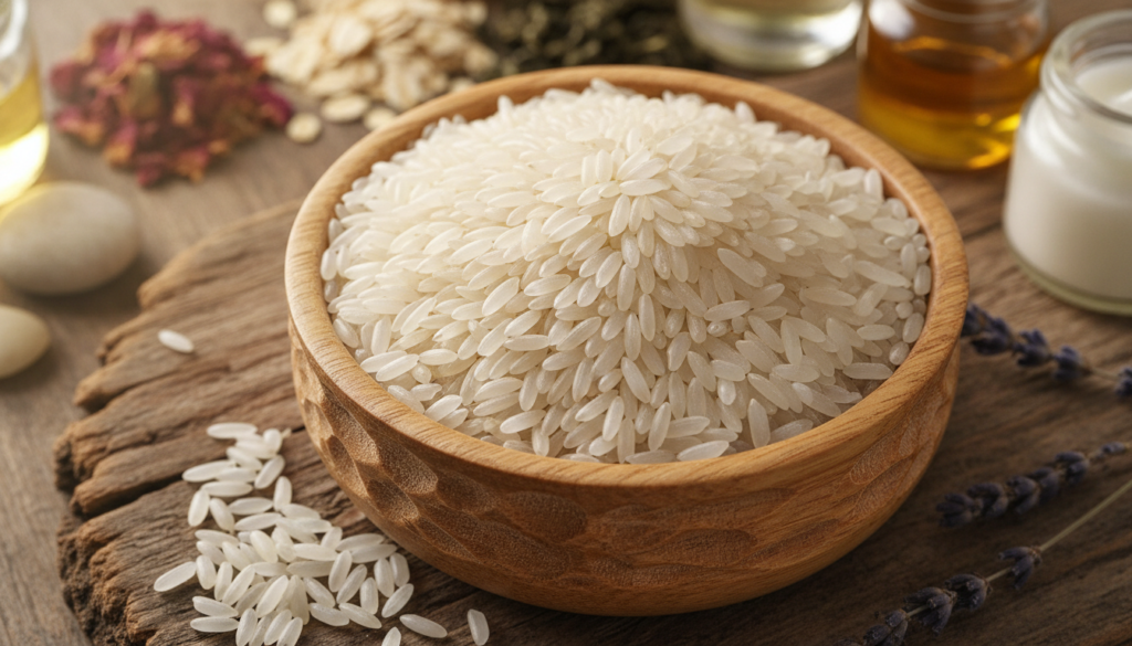A beautiful close-up of white rice grains in a wooden bowl with a soft focus background suggesting natural beauty ingred