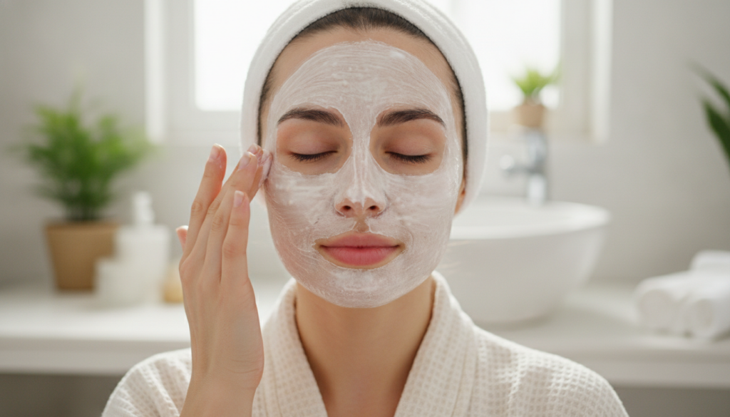 A woman with glowing healthy skin gently applying a white rice mask to her face with her fingertips The setting is a bri