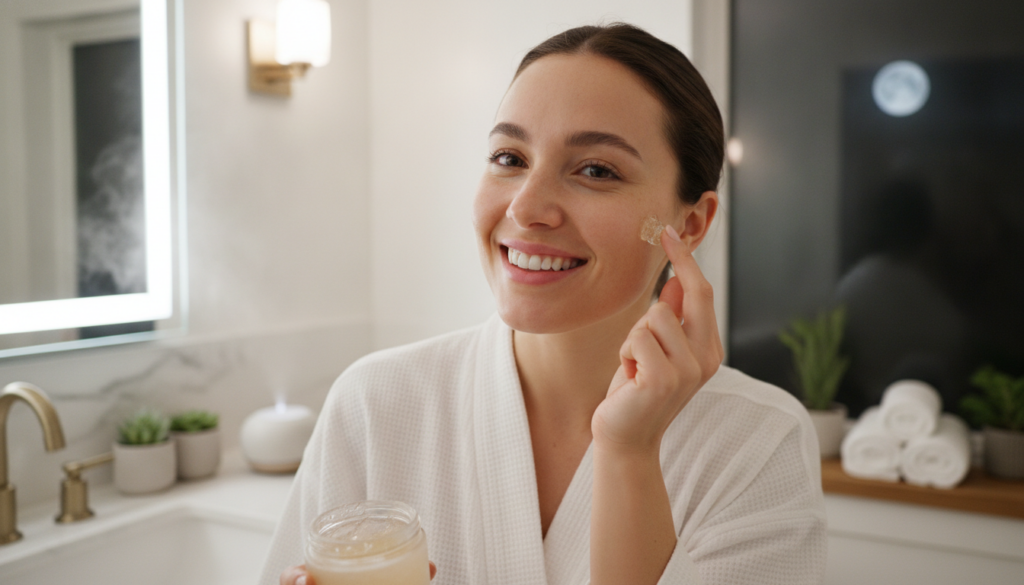 A woman gently applying a small amount of homemade gel to her cheek in a well-lit bathroom with a clear happy expression