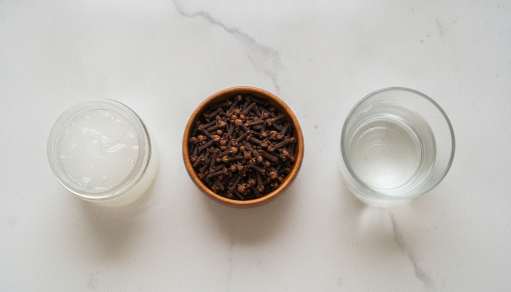 Ingredients laid out for making clove gel a small bowl of whole cloves a glass of water and a jar of pure aloe vera gel