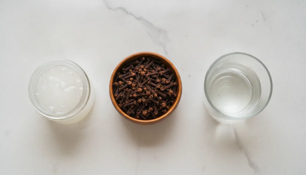 Ingredients laid out for making clove gel a small bowl of whole cloves a glass of water and a jar of pure aloe vera gel 