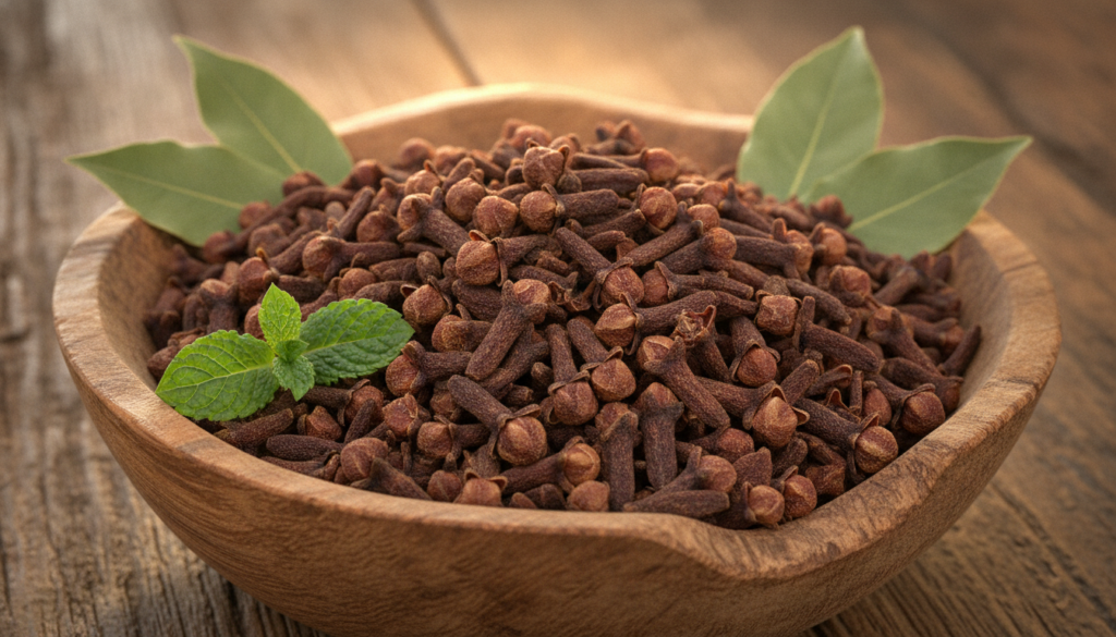 A close-up of dried whole cloves in a rustic wooden bowl with a few fresh green leaves and a soft warm light in the back