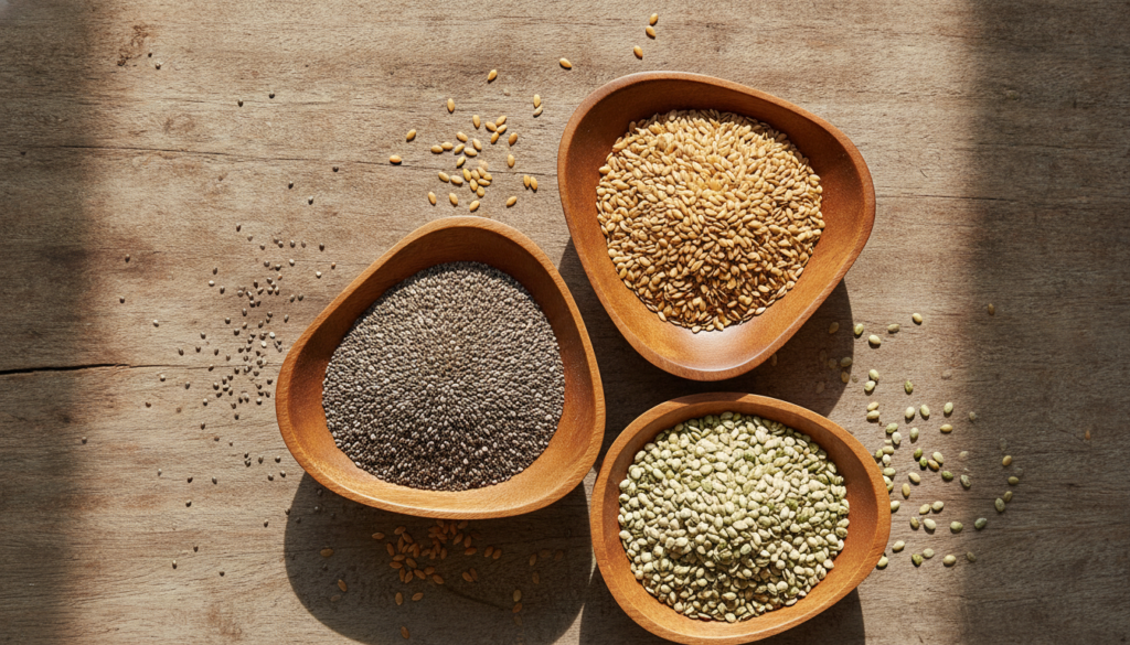 Various types of seeds like chia flax and hemp in small wooden bowls on a rustic table highlighting their natural beauty