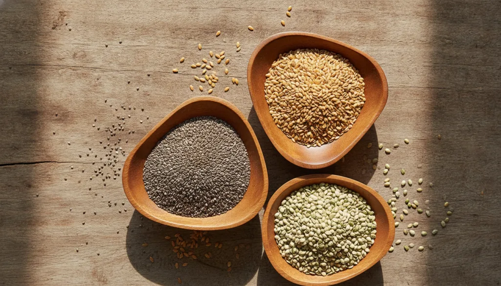 Various types of seeds like chia flax and hemp in small wooden bowls on a rustic table highlighting their natural beauty