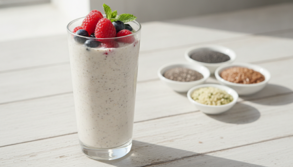 A refreshing glass of a seed elixir drink garnished with a few berries or a mint leaf with various seeds chia flax hemp