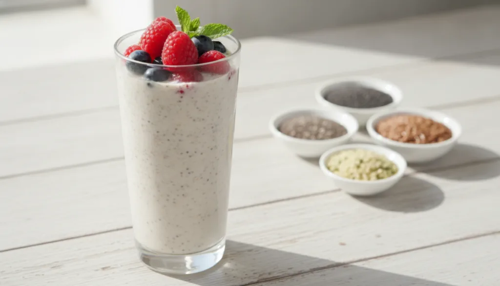 A refreshing glass of a seed elixir drink garnished with a few berries or a mint leaf with various seeds chia flax hemp