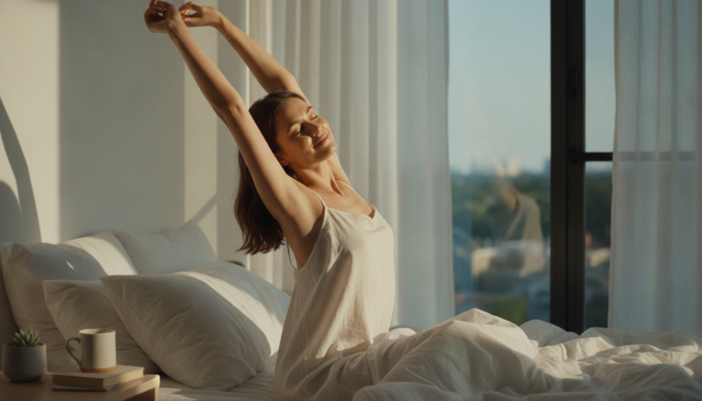 A woman waking up in a sunlit bedroom stretching with a gentle smile her skin looking fresh clear and radiant Natural li
