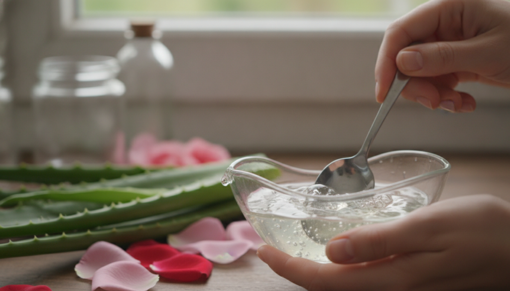 A close-up of hands mixing a clear gel in a small glass bowl with a spoon Various natural ingredients like aloe vera and
