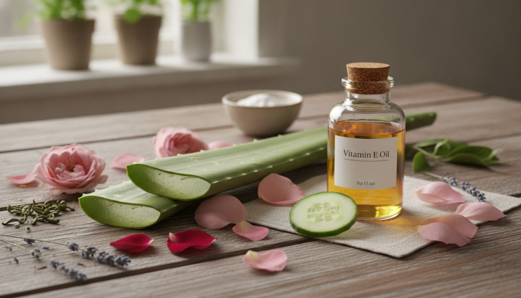 Various natural ingredients commonly used in skincare such as aloe vera leaf rose petals a small bottle of vitamin E oil