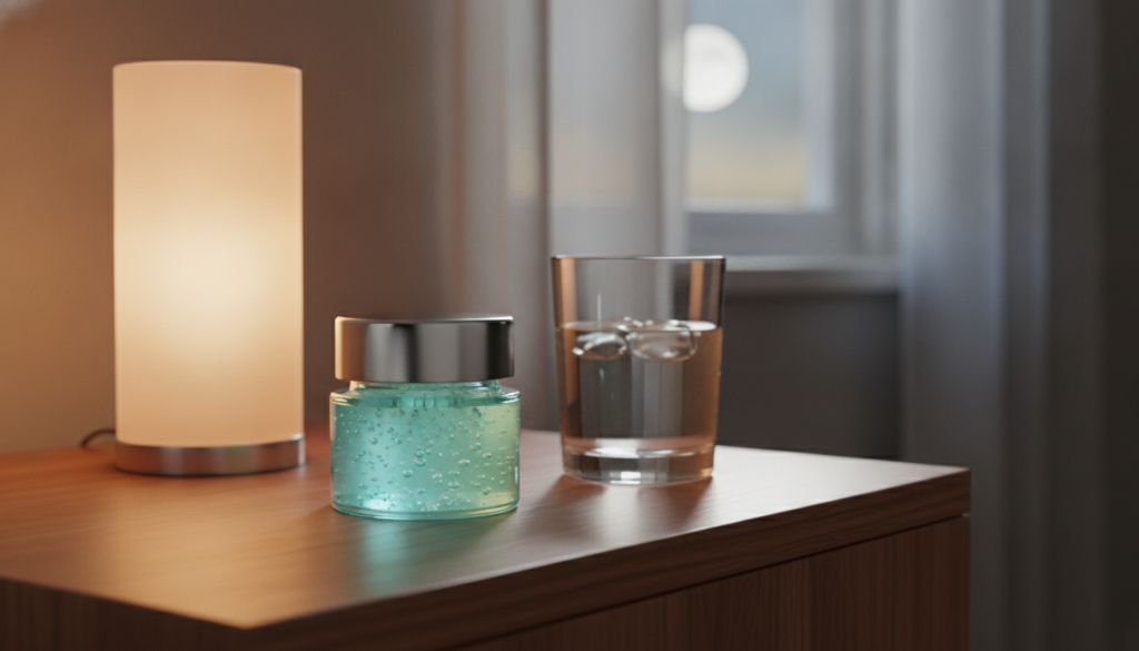 A small elegant glass jar filled with a translucent homemade beauty gel placed on a chic bedside table next to a glass o