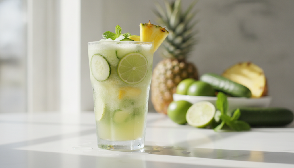 A refreshing glass of a green and yellow drink with cucumber slices lime wedges and pineapple chunks garnished with mint