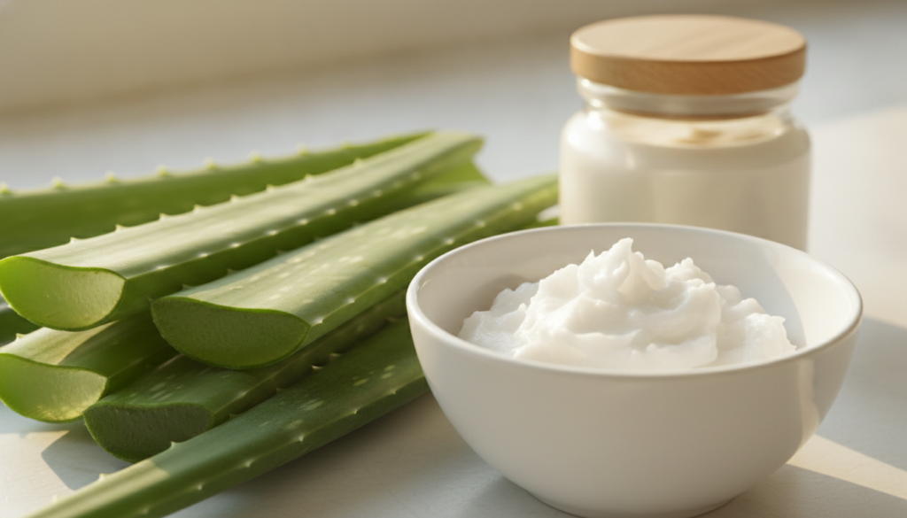 A close-up shot of fresh aloe vera leaves and a small bowl of coconut oil next to a delicate glass jar of a homemade cre